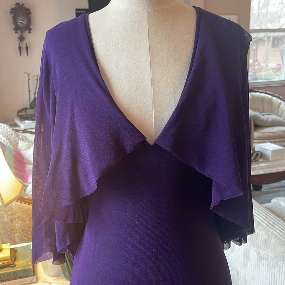 Fuzzi Viola purple flutter sleeve midi capelet dress